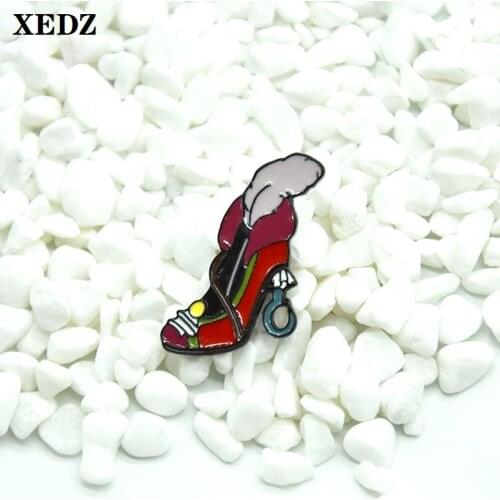XEDZ red high heel enamel pin Exquisite female jewelry feather root metal inspired pushpin punk clothes lapel badge gift