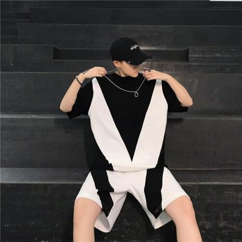 Summer New Trendy T-shirt Clothes Mens Fashion Black And White Color Matching T Shirt And Shorts Sports Sets Casual Tracksuit
