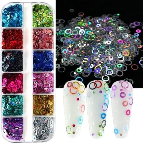 12 Grids Mix Size Holographic Round Circle Sequins Nail Glitter Paillette Holo Slices Sequins Decals Nail Art Decoration Set
