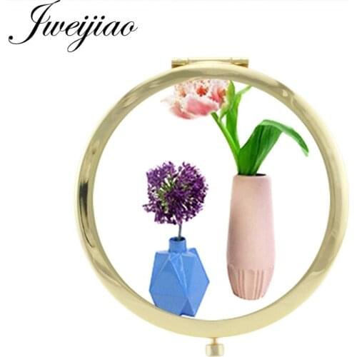 JWEIJIAO Sketch cartoon flowers pocket mirror for girls Gift Lavender Gold Plated Metal Mini make up mirror FS28