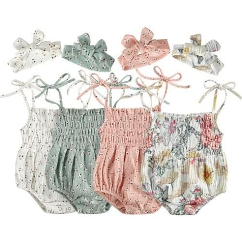 4 Colors Infant Baby Girls 2PCS Summer Outfits Suits Sleeveless Floral Printed Elastic Romper Bodysuits+ Bowknot Headband Suits