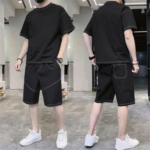 Men Summer Clothing Fashion Two Pieces Set Short Sleeved Tops and Knee-length Pants Outdoor Leisure Clothes Plus Size 2021