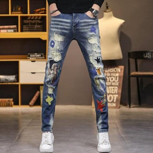 Men’s High Quality Ripped Denim Pants,Slim-fit Korea Style Washed Jeans,Fashion&Cool Embroidery Patches Designed,Youth Must