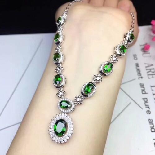 Natural green diopside Necklace natural gemstone Pendant Necklace S925 sliver Luxurious elegant round woman party gift Jewelry