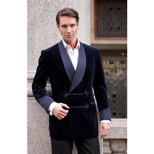 2017 Latest Coat Pant Designs Navy Blue Velvet Smoking Men Suit Slim Fit 2 Piece Groom Tuxedo Custom Suits Prom Blazer Masculino
