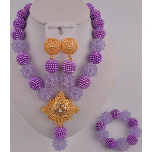 Novel nigerian wedding african necklace set lilac african beads jewelry set FZZ103-11