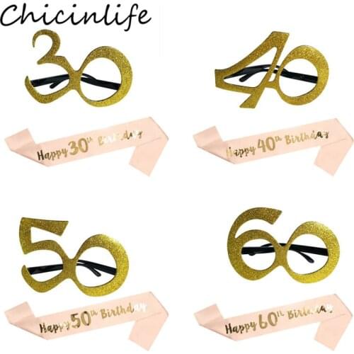 Happy Birthday 30th 40th 50th 60th Satin Sash Glasses Birthday Party Adult 30 40 50 60 Anniversary Photobooth Props Supplies