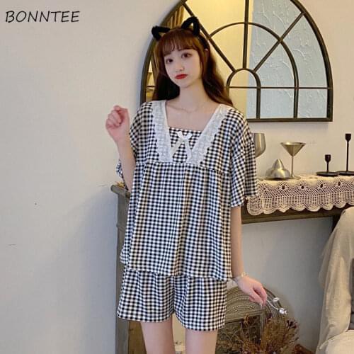 Pajama Sets Women Plaid V-Neck Leisure Lovely Ladies Homewear Harajuku Soft Ulzzang Korean Style Fashion Loose Ins Preppy Chic