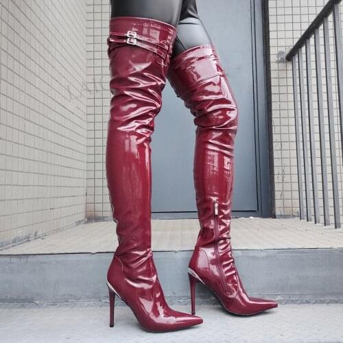DOHBANER Sexy Women Thigh High Boots Patent Over Knee Boots Slim High Heels Botas Mujer Ladies Shoes Woman Big Size 42 46 47