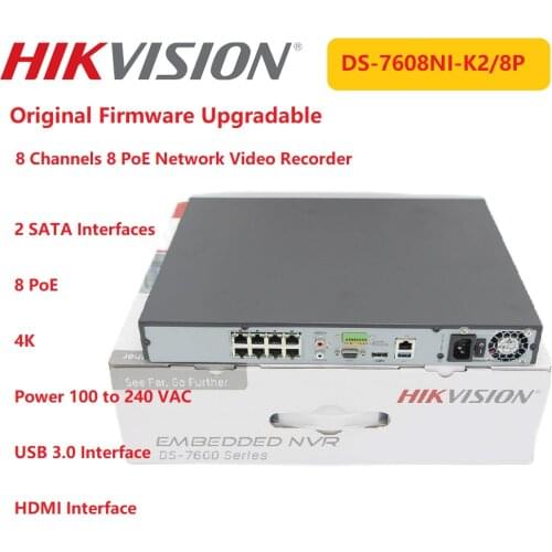 Hikvision NVR 4K DS-7608NI-K2/8P Onvif 8-ch PoE1U 8 Surveillance Network Video Recorder 8MP Plug&Play Up to 8-ch@1080p Capacity