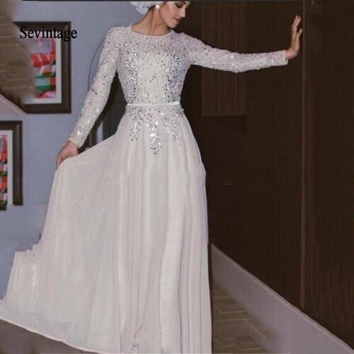 Sevintage Modest Arabic Dubai Muslim Prom Dresses Sequined Chiffon vestido de festa Long Sleeve Formal Evening Party Gowns