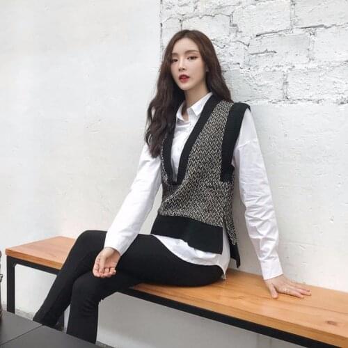 Sweater Vest Women Loose Stripes Pullover V-neck Sleeveless Outer Vest Female Fashion Wild Split Fork Sweater Womens