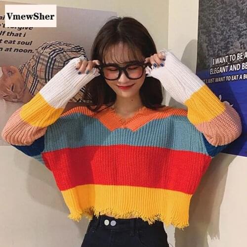 VmewSher New Vintage Spring Autumn Women Sweater High Waist Tassel Female Rainbow Long Sleeve V Neck Knitted Crop Top Pullovers