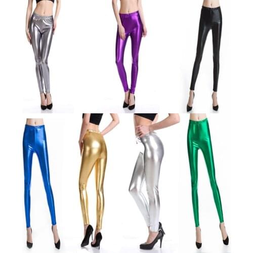 Women Faux Leather Leggings Wet Look Metallic Legging Pants Trousers Stretch Megging Adult Elastic Waist Skinny Leggings