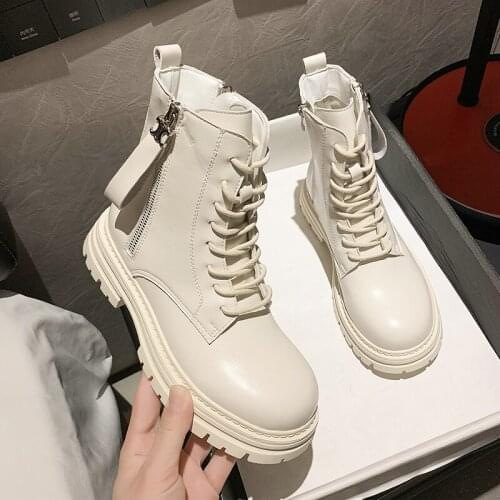 Women Ankle Boots Solid Luxury Genuine Leather Platform Sewing Round Toe Motorcycle Booties Brand Designer Lace Up Womens Shoes