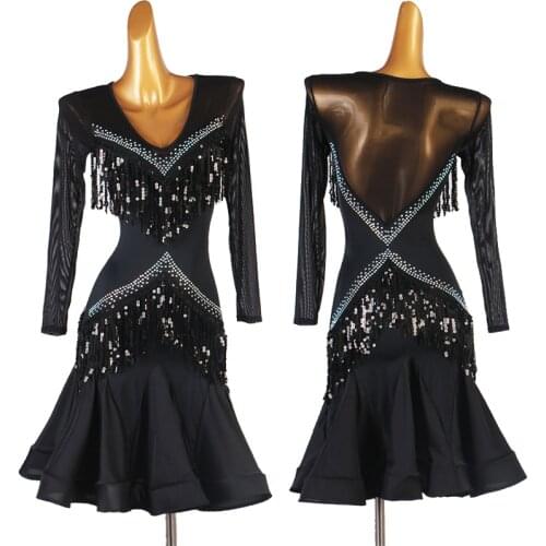 Long Sleeve Latin Dance Dress Tango Cha Cha Performance Dancewear Female Sequins Fringe Professional Competition Costume VDB3826
