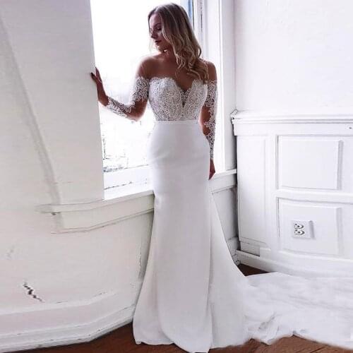 Sheer Scoop Neckline Applique Lace Satin Mermaid Wedding Dress Long Sleeve Court Train Bridal Gown 2020 vestido de casamento