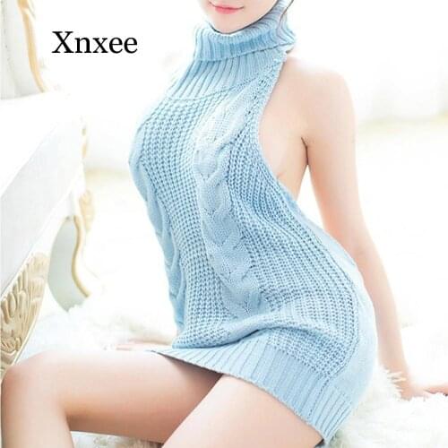 2020 Sleeveless Turtleneck Sweater Dress Mini Women Sexy Backless Turtleneck Pullover Knit Sweater Cosplay Dress Winter Autumn