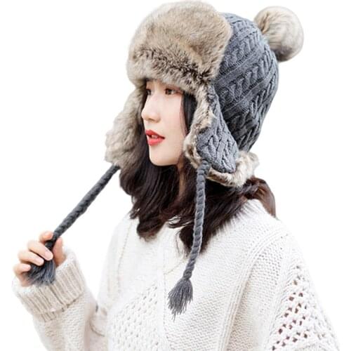 Winter Fur Bomber Hats Cold Anti-snow Protection Ear Knitted Lei Feng Cap Couple Warm Winter Hat