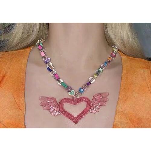 2021 New Trend Acrylic Pink Heart Wing Pendant Painted Harajuku Flash Bead Necklace Unusual Goth Neck Chain 90s Y2k Jewelry Gift