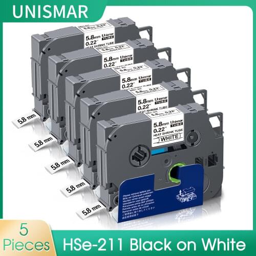 5PK Black on White 5.8mm Heat Shrink Tube HSe-211 HSe211 HSe 211 Industrial Label Tape for Brother P Touch PT-1000 PTE550W Print