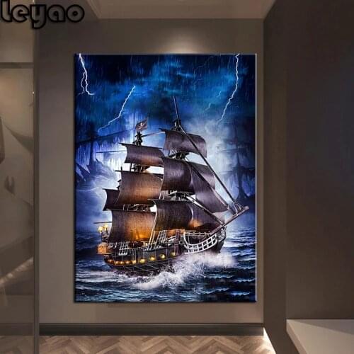 DIY Full Diamond Painting Sea Boat Cross Stitch Pirate Ship Mosaic Craft Needlework 5d Embroidery Rhinestone Decoration Salon