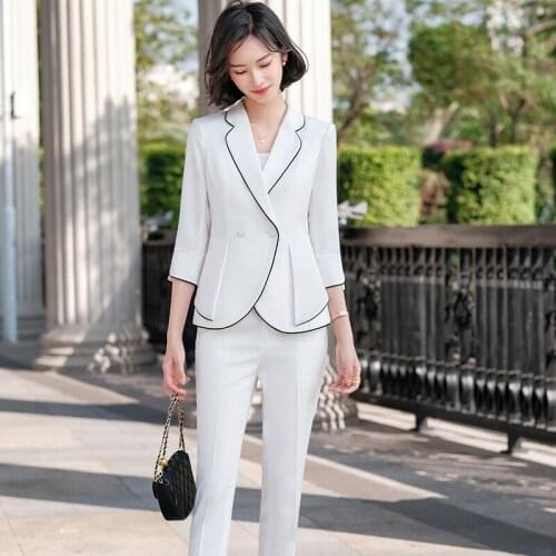 Fashion Casual Ladies White Blazer Women Business Suits Pant and Jacket Sets Office Ladies Work Uniform Styles Half Sleeve