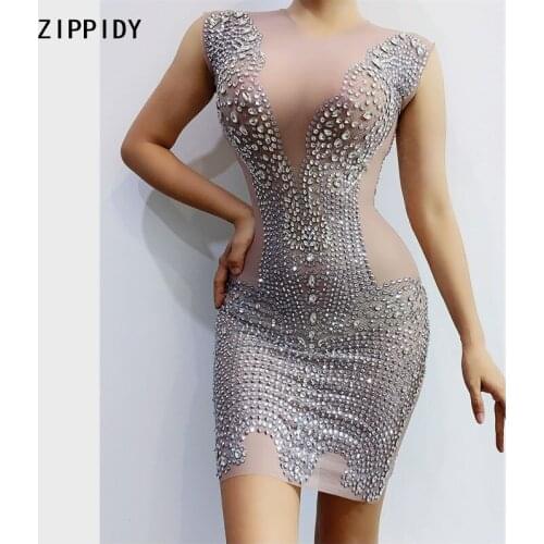 Silver Rhinestones Mesh Dress Women Dance Transparent Outfit Dress Prom Singer Show Wear Birthday Celebrate Dress