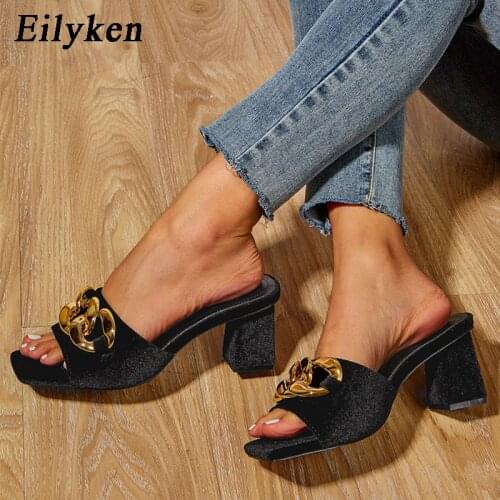 Eilyken 2021 Summer Elegant Women Slippers Fashion New Square Toe Metal Chain Design Mules Slides Thick High Heels Ladies Shoes