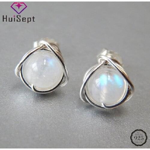 HuiSept Fashion Earrings 925 Silver Jewelry for Women Round Shape Moonstone Stud Earring Wedding Engagement Party Accessories