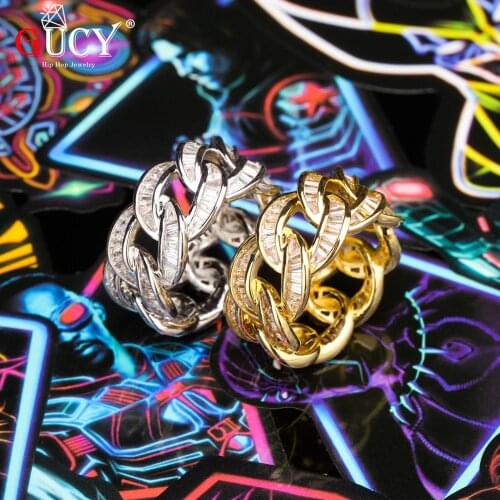 GUCY Cuban Link Chain Ring Mens Hip Hop Gold Silver Color Iced Out Cubic Zircon Jewelry Rings 7 8 9 10 11 Five Size