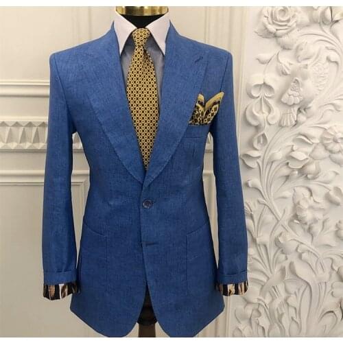 Costume Homme Blue Peak Lapel Two Button Men Suits Wedding Prom Terno Masculino Slim Groom Tuxedos Blazer 2 Pieces Jacket Pant