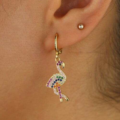 Beautiful cute flamingo drop earring for Women rainbow cz dangle earring Jewelry Gold Filled colorful rainbow cz paved