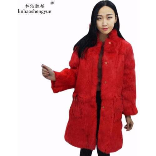 Linhaoshengyue 80cm Lenght Real Rabbit Fur Coat 2016 Natural Fur Women Winter