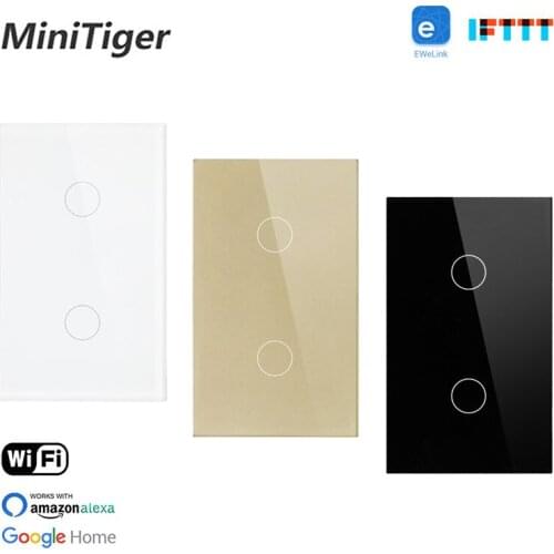 Minitiger Tempered Crystal Glass Panel 2 Gang Wireless Wall Touch Switch Smart Home Ewelink APP Null and Fire Line Light Switch