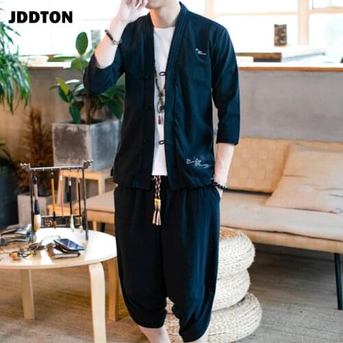 JDDTON New Men‘s Traditional Japanese Clothing Style Suits Cotton Linen Outerwear Fashion Casual Loose Male Two-Piece Set JE069