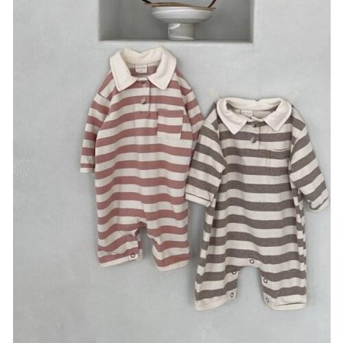 New Baby Autumn Romper Long Sleeve Boys Clothes Toddlers Girls Big Striped Jumpsuit Spring Lapel Cotton Overalls Rompers Outfits