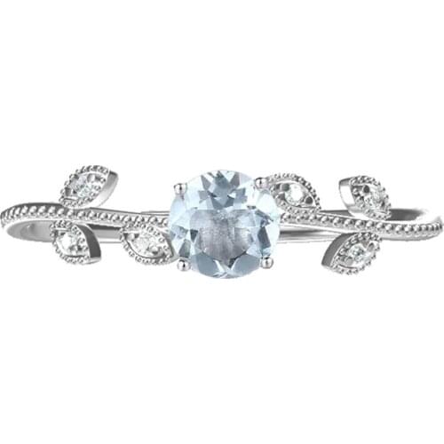 Art Nouveau Solid 14k White Gold Leaf Natural Diamoinds Ring Natural Aquamarine Engagement Wedding Ring for Women Fine Jewelry