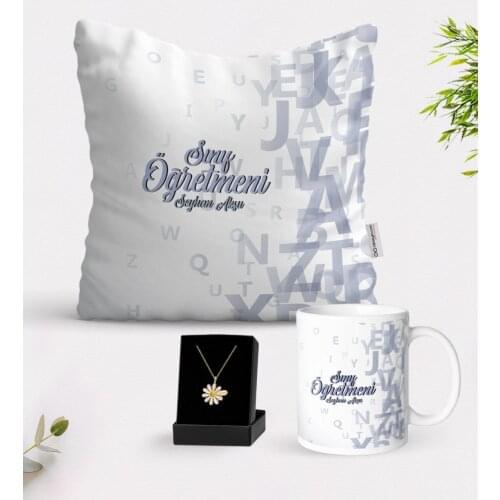 Personalized Class Teacher White Mug Cushion and Is Daisy Necklace Gift Seti-16