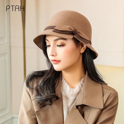 [PTAH] Brand Winter Autumn 100% Wool Women Ladies Fedoras European American Round Caps Bowler Hats Temperament Elegant Women Hat