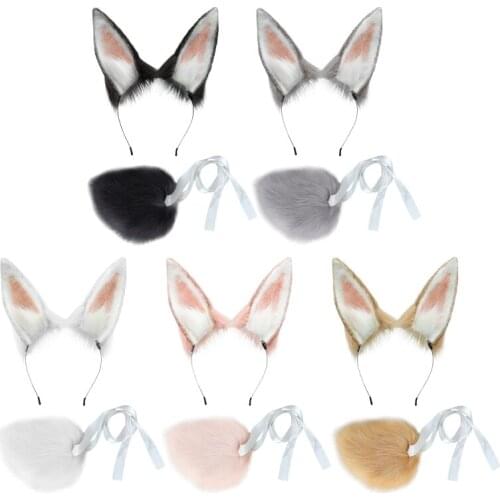 Cosplay Furry Animal Rabbit Ears Hair Hoop Tail Set Lolita Dress Up Costume Cosplay Headpiece for Halloween Party