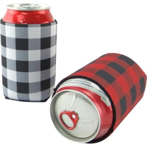 Red Buffalo Check Cooler Bag Wholesale Blanks Neoprene Black Red Plaid Can Covers Wedding Gift Tin Wraps free shipping SN1288