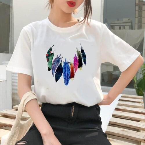 Womens T-shirt retro T-shirt ladies Harajuku short-sleeved Flower Earrings printed T-shirt Dreamcatcher casual O-neck top shirt