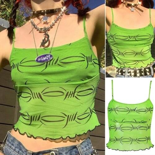 Womens Sexy Ribbon Stitching V-Neck Printed Camisole Green