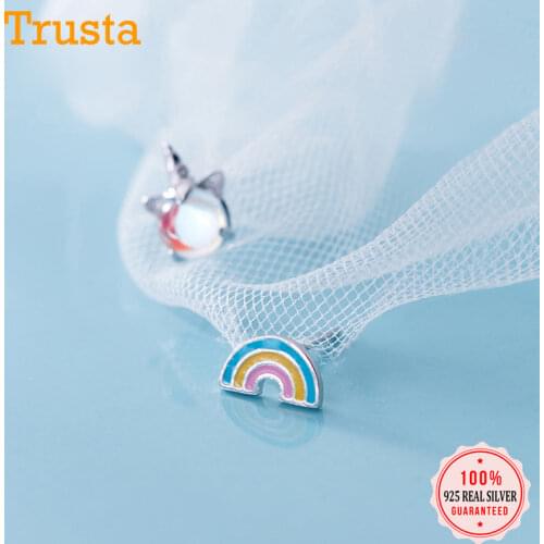 Trustdavis 100% 925 Solid Real Sterling Silver Asymmetric Rainbow Unicorn Stud Earring For Women Girl Fine Jewelry Brincos ZH131
