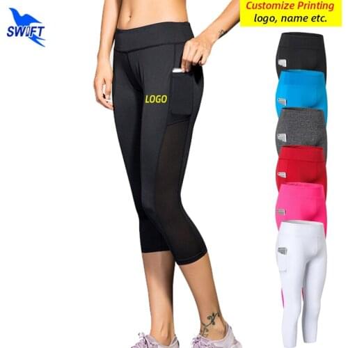 Customize LOGO Women Capris Yoga Pants With Pockets Compression Running Tights Sport Gym Fitness Jogging 3/4 Leggings Sportswear