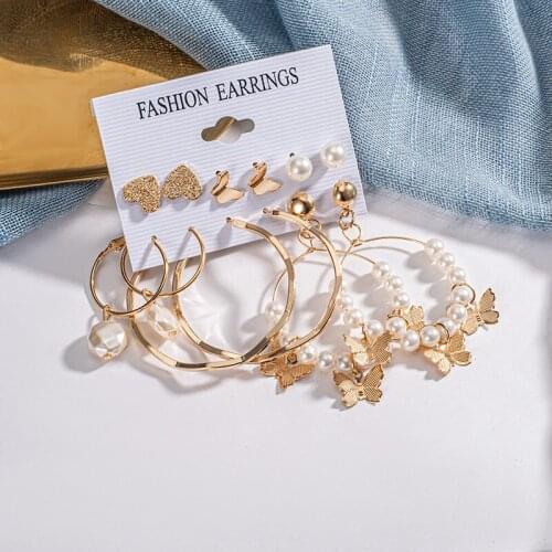 New Fashion Korean Imitation Pearl Big Round Circle Drop Earrings for Women Statement Golden Butterfly Stud Earring Jewelry Gift