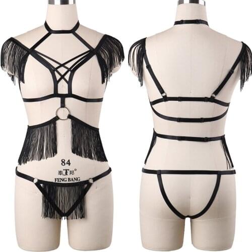 HANAERNES Elastic Adjustment Punk Dance Carnival Costume Gothic Suspender Womens Bra tassel Tight Top Garter Sexy Lingerie Set