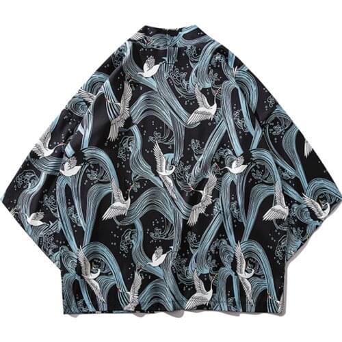 Women Harajuku Cardigan Japanese Kimono Summer Crane Print Loose Shirt Tops Casual Woman Man Coat Couple Yukata Jackets 2020