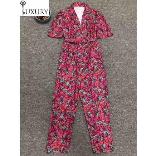 Fashion 2020 Spring Summer Jumpsuits High Quality Women Notched Collar Elegant Floral Print Short Sleeve Casual Jumpsuit Romper